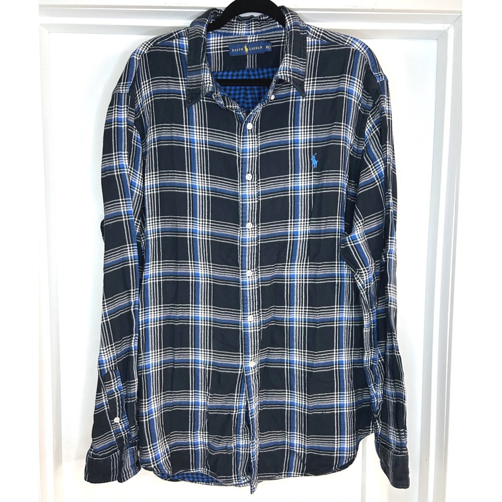 Ralph Lauren Mens XL Plaid Button Down Shirt Black Blue White Long Sleeve Thick